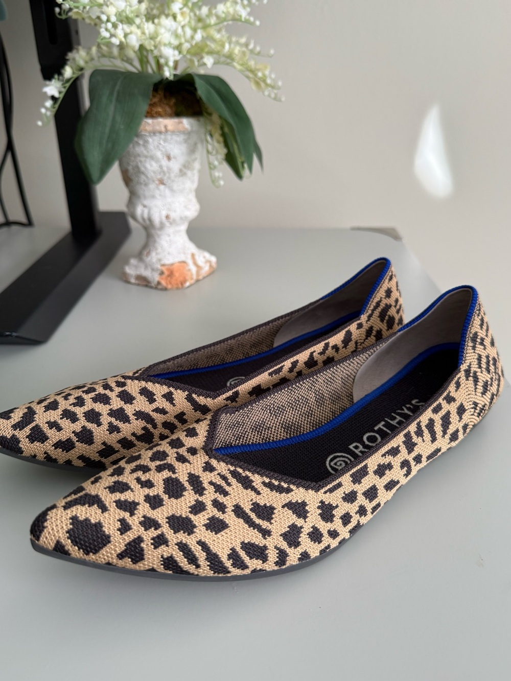 Rothy's Leopard Print Tan and Black Pointed Flats